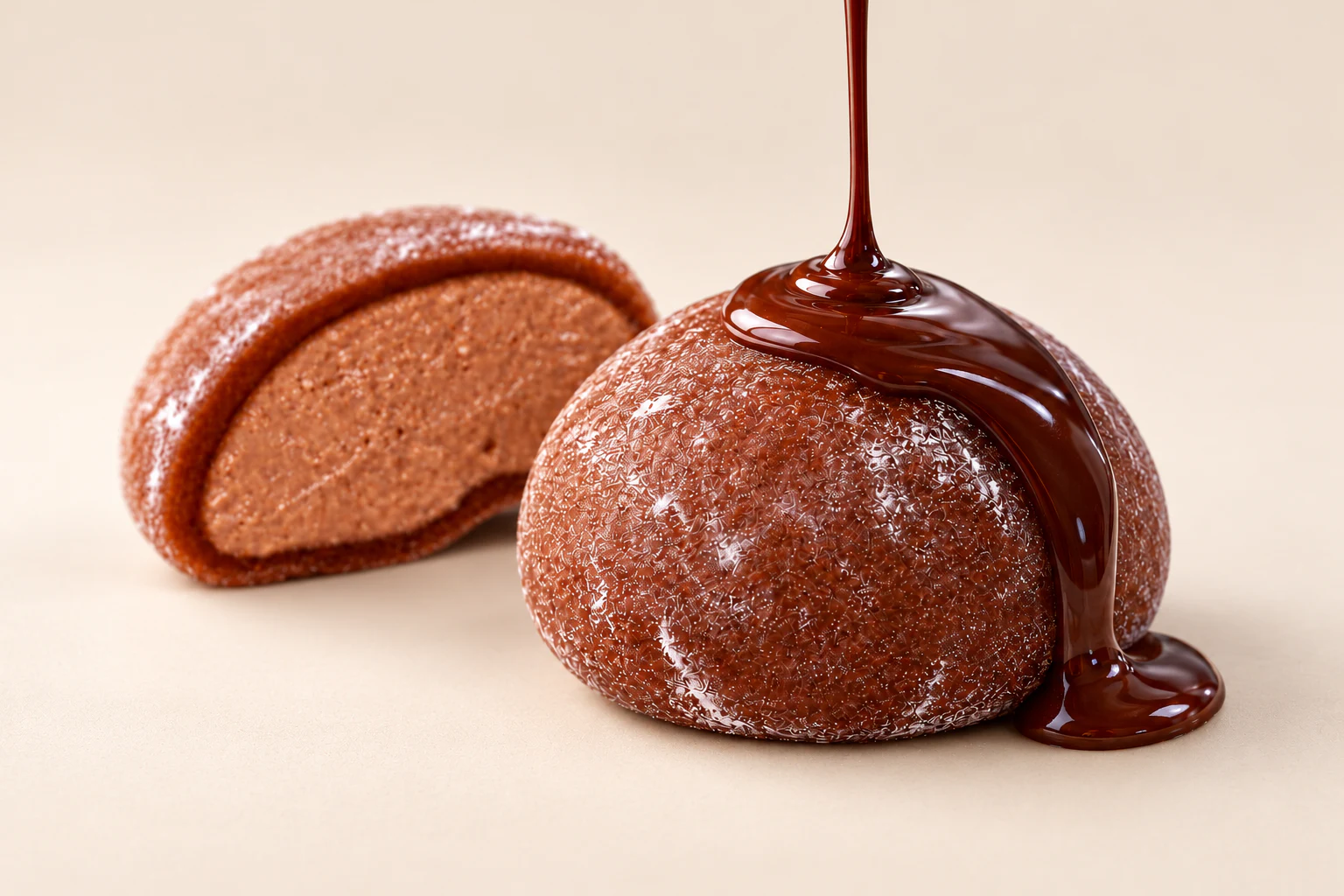 Toy Mochi al cioccolato intero e aperto con una colata di cioccolato fondente