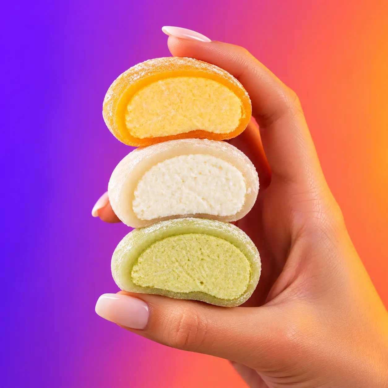 Tre Toy Mochi Tradizionali aperti, nei gusti mango, cocco e pistacchio